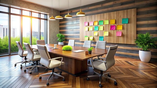 A modern conference room with a large wooden table, chairs, and a whiteboard filled with colorful sticky notes and diagrams, conveying collaboration and innovation.