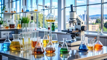 A modern laboratory setup with various glassware, beakers, and equipment surrounded by Petri dishes, microscopes, and a prominent oil-filled Erlenmeyer flask on a cluttered workstation.