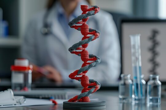 Female Doctor Studying Red DNA Model in Lab