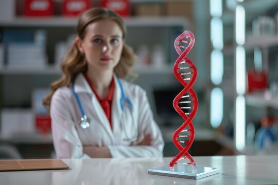 Female Doctor Studying Red DNA Model in Lab - Powered by Adobe