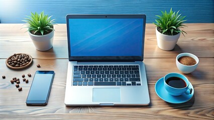 Fototapeta premium A modern, minimalist desktop with a sleek laptop and smartphone displaying crisp blue interface designs, surrounded by stylized office supplies and a sprinkle of coffee beans.