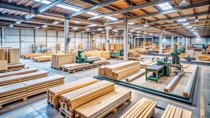 A modern woodworking factory interior with rows of Computer Numerical Control (CNC) machines, wooden planks, and raw lumber, emphasizing industrial craftsmanship and precision production.