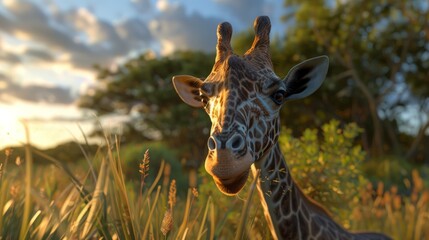 Giraffe closeup with natural landscape generative ai