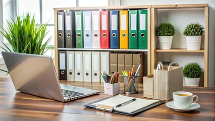 A neatly organized binder containing categorized tabs and pages showcasing various products and services, surrounded by office supplies and a laptop on a modern desk.