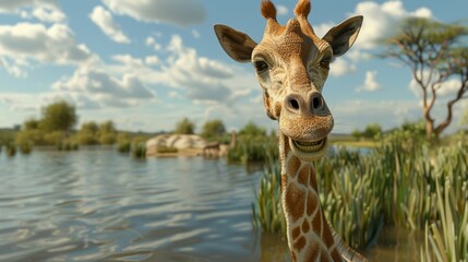 Naklejka premium Giraffe closeup with natural landscape generative ai