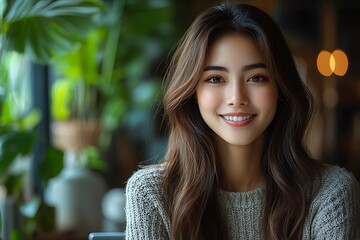 Fototapeta premium Happy young woman working remotely on virtual video team meeting call, remote work and flexible culture concept, smiling Asian female digital nomad freelancing on laptop from home, copy space