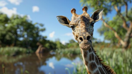Fototapeta premium Giraffe closeup with natural landscape generative ai