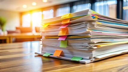 A neatly organized stack of documents and papers with colorful tabs and sticky notes on a clean, wooden desk against a blurred background.