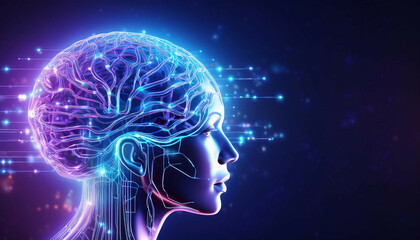A glowing digital representation of a human brain in neon blue and purple colors, with visible circuits and pathways, showing brain activity, set against a dark background. Copy space on the right