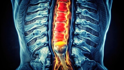 An MRI scan of the lumbar spine shows a narrowed spinal canal, compressed nerves, and degenerated discs characteristic of spinal stenosis, a painful condition.
