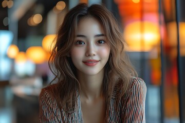 Obraz premium Happy young woman working remotely on virtual video team meeting call, remote work and flexible culture concept, smiling Asian female digital nomad freelancing on laptop from home, copy space