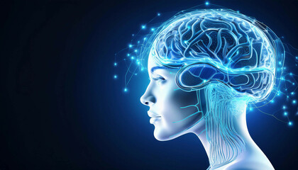 Obraz premium A digital profile of a human head illuminated with blue neural circuits, showing detailed connections and brain activity, dark background, futuristic technology. Copy space on the left 