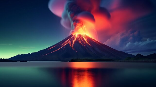 Majectic volcano erruption with long exposure effect and reflections. Generative ai