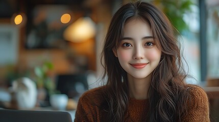 Obraz premium Happy young woman working remotely on virtual video team meeting call, remote work and flexible culture concept, smiling Asian female digital nomad freelancing on laptop from home, copy space