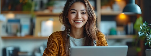 Happy young woman working remotely on virtual video team meeting call, remote work and flexible culture concept, smiling Asian female digital nomad freelancing on laptop from home, copy space