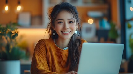 Happy young woman working remotely on virtual video team meeting call, remote work and flexible culture concept, smiling Asian female digital nomad freelancing on laptop from home, copy space
