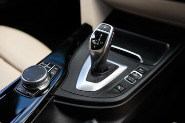 Close-Up of Automatic Gear Shift in Car Interior