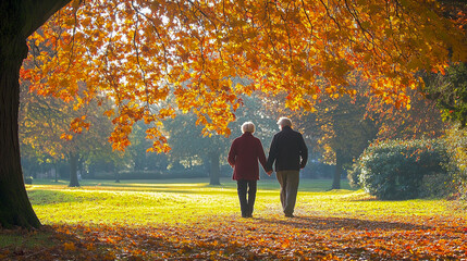 Senior couple walking under autumn leaves