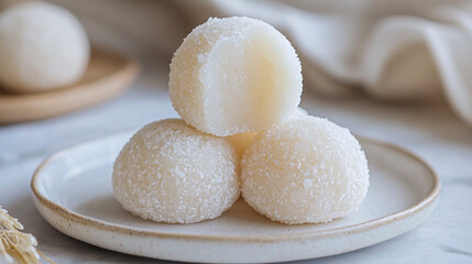 Japanese mochi on plate with powdered sugar