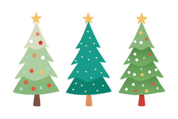 Set of watercolor christmas tree vector illustration. Collection of hand drawn cute decorative Christmas trees isolated on white background. Design for sticker, decoration, card, poster, artwork.