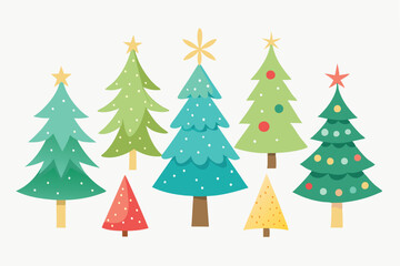 Set of watercolor christmas tree vector illustration. Collection of hand drawn cute decorative Christmas trees isolated on white background. Design for sticker, decoration, card, poster, artwork.