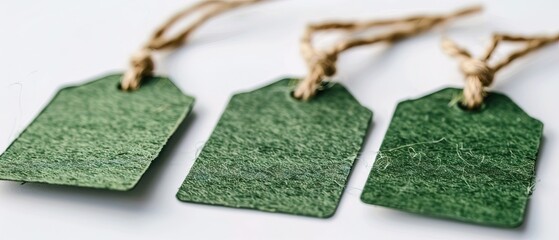 Four green tags with string on white background
