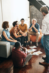 Creative, idea and people in workshop at startup with brainstorming, statistics and business growth. Planning, meeting and design team with diversity, discussion and development data in office lounge