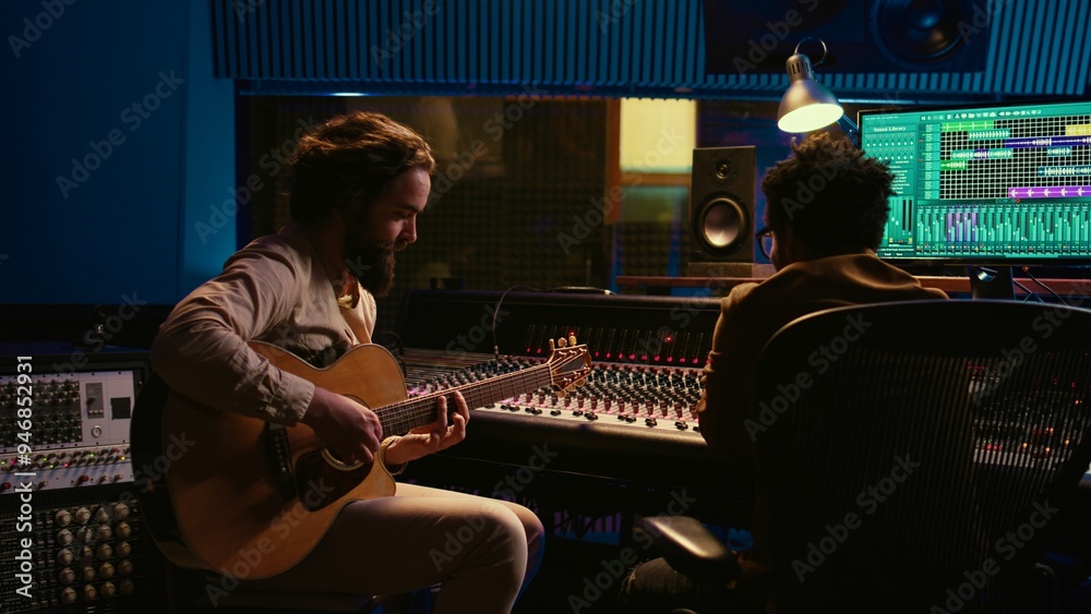 Poster performer songwriter singing new tracks on his electro acoustic guitar and recording new music in po