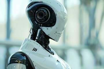 White and black robot standing in a modern building with glass walls