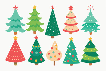 Set of watercolor christmas tree vector illustration. Collection of hand drawn cute decorative Christmas trees isolated on white background. Design for sticker, decoration, card, poster, artwork.
