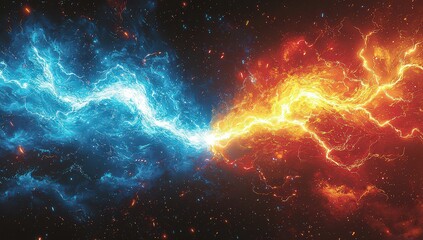 Fototapeta premium A cartoon-style illustration of lightning bolts facing each other, representing the clash between red and blue energy