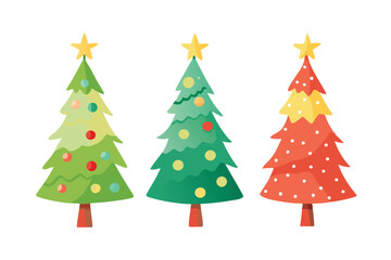 Set of watercolor christmas tree vector illustration. Collection of hand drawn cute decorative Christmas trees isolated on white background. Design for sticker, decoration, card, poster, artwork.