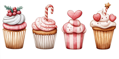 Set of Christmas watercolor elements on white background