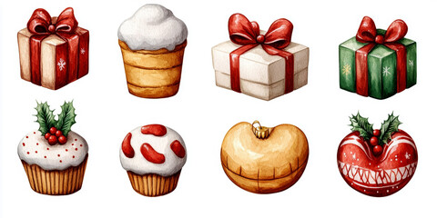 Set of Christmas watercolor elements on white background