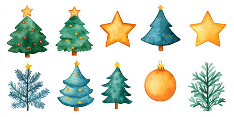 Fototapeta premium Set of Christmas watercolor elements on white background