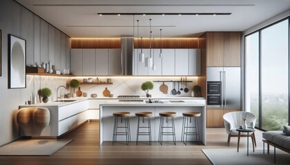 modern kitchen design, wooden and white cabinetry, minimalist aesthetics, clean lines, integrated appliances, kitchen island with seating, stainless steel accents, partially drawn architecture, bright