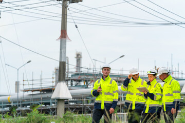 Group of Petrochemical engineers teamwork working together at petroleum oil refinery industry area....