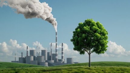 Industrial factory emitting pollution, contrasted with a single green tree, symbolizing the environmental impact of industry versus nature.
