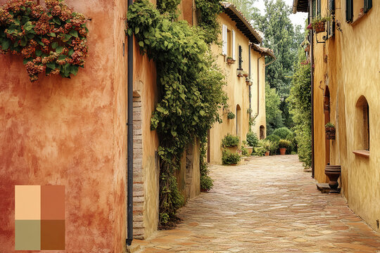 color palette of Charming Tuscan alley with warm colors and blooming greenery, sunny day