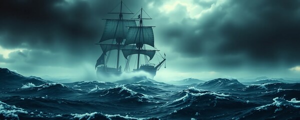 Pirate galeon ship in the middle of the ocean