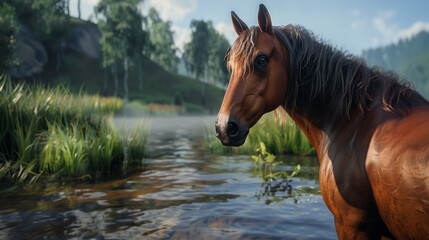 Horse closeup with natural landscape generative ai
