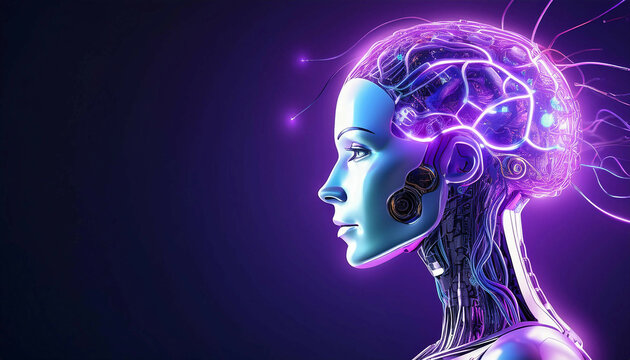  side profile of a female humanoid robot with glowing neural circuits in the head, illuminated by purple and blue neon lights, connected to digital nodes, dark background. Copy space on left