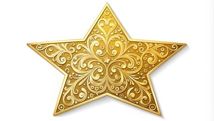 Fototapeta premium A shiny gold star sticker embellished with intricate swirls and ornate details, isolated on a white background, adds a touch of luxury and sophistication.