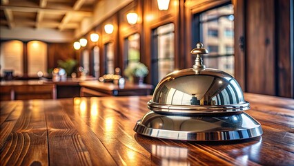 A shiny metal bell sits atop a worn, wooden hotel front desk, inviting guests to ring for assistance in a charming, vintage-inspired hospitality setting.