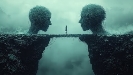 A person standing on the line between two head shapes, one made of tangled threads and another with clear lines symbolizing mental health, representing the complexity in the self. 
