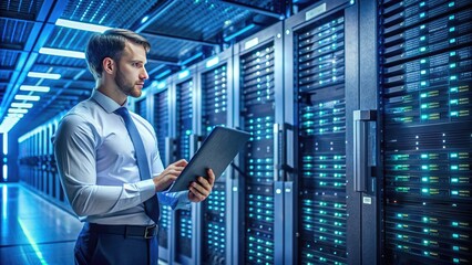Fototapeta premium A skilled technician in a data center, surrounded by rows of humming mainframe computers, scrutinizes a complex system diagram with intense concentration.