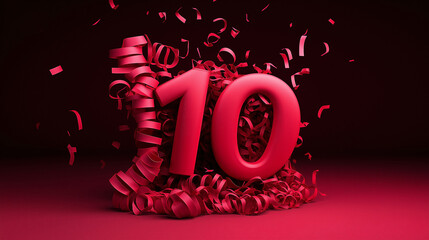 A large red number ten bursts from a pile of colorful ribbons, symbolizing a joyful celebration set against a bold red backdrop, evoking excitement and festivity