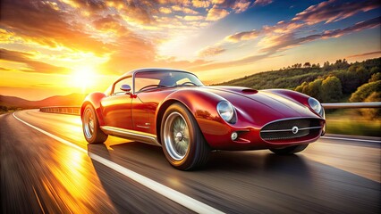 A sleek, cherry-red, retro-styled sports car with gleaming chrome accents, curved lines, and vintage-inspired wheels speeds down a sun-kissed highway on a warm afternoon.