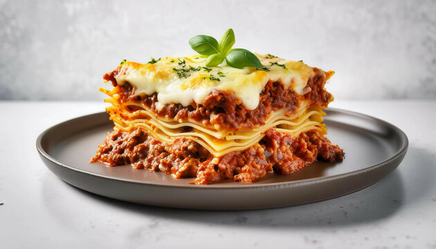 A slice of lasagna with visible layers of pasta, meat sauce, and melted cheese, garnished with fresh basil leaves, served on a dark plate against a light background.