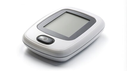 A sleek, modern glucose monitor with a large display screen and ergonomic design lies on a clean, white background, ready for use.